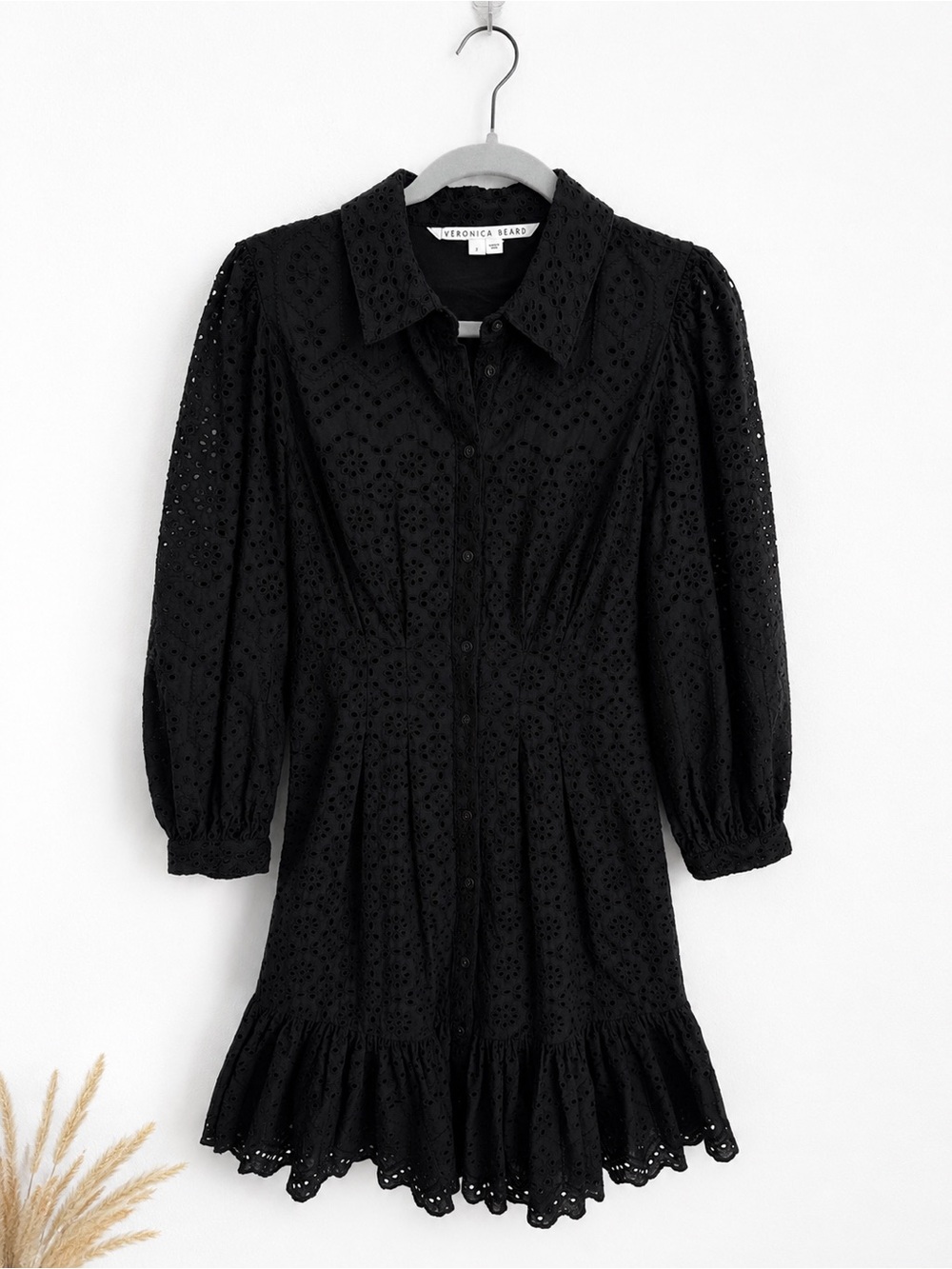 Veronica Beard Black Eyelet Cotton Mini Dress Size 2 Puff Sleeve - Picture 3 of 13